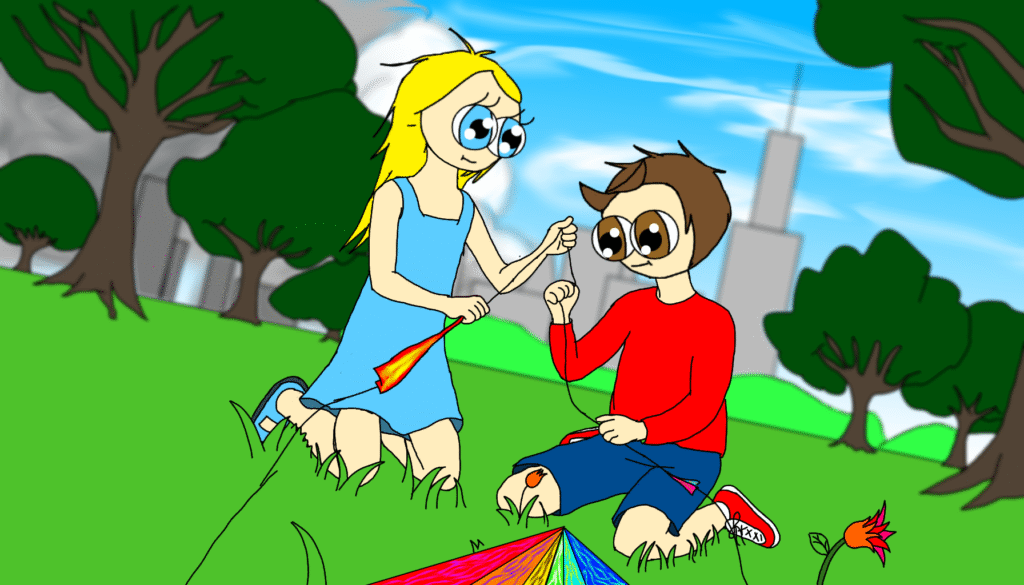 Kids playing with a kite at the park.
