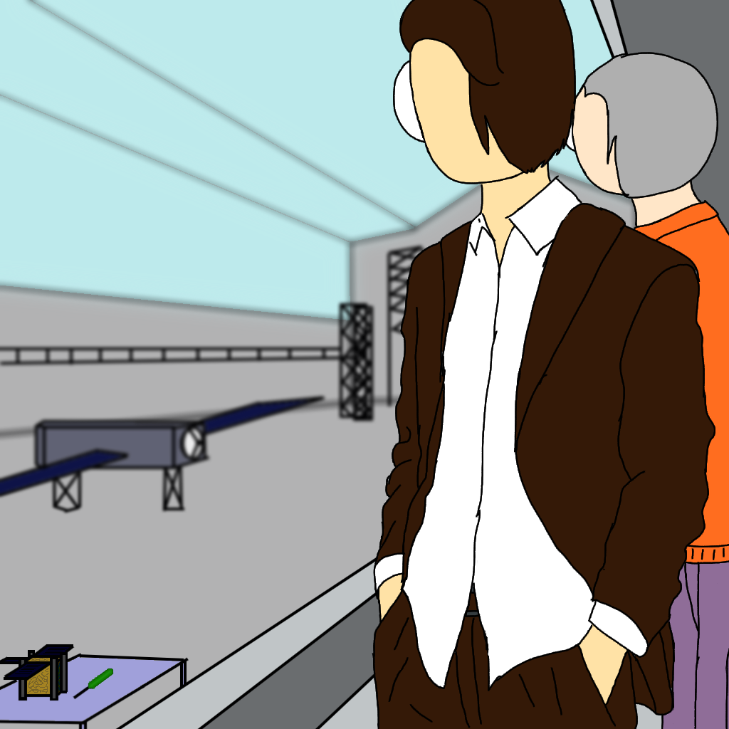 two men in a spacecraft building facility