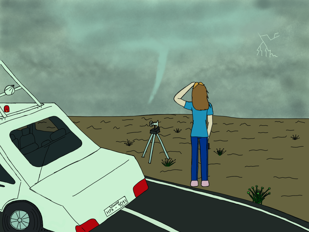 woman looking at a tornado, a car nearby