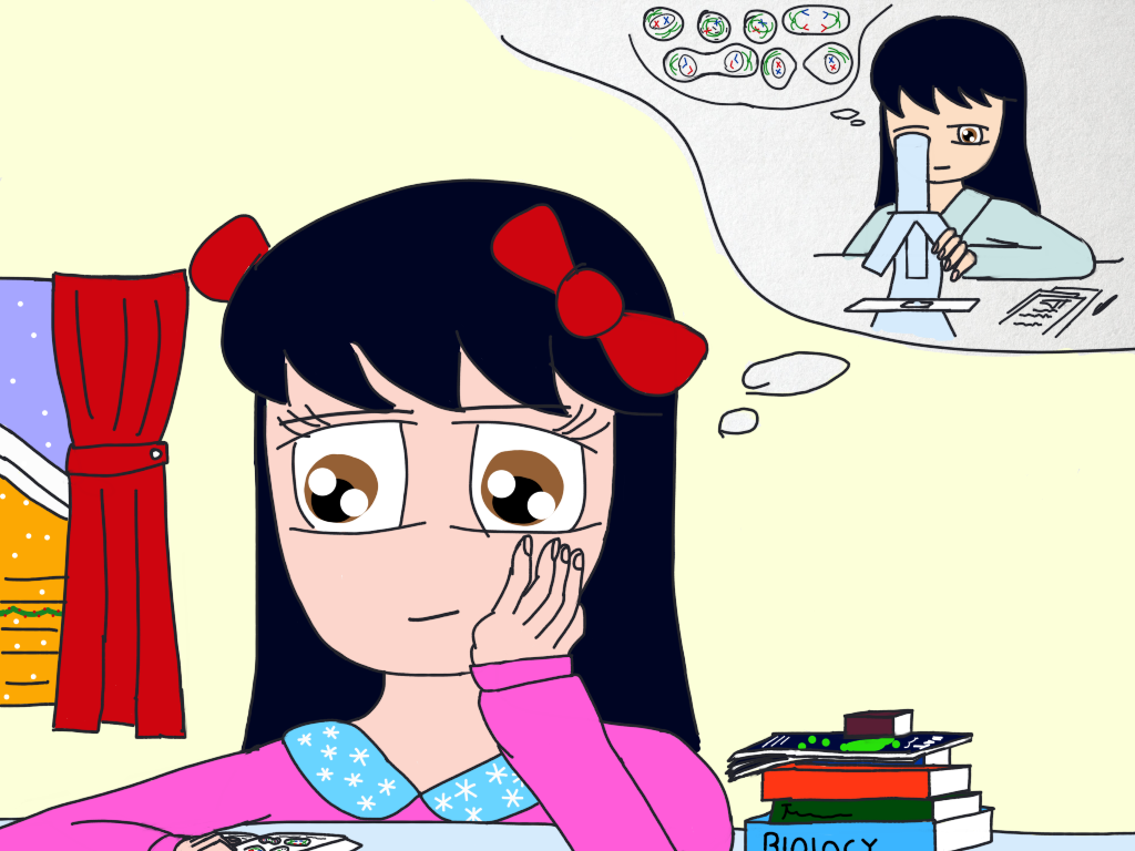 Girl studying, thinking mitosis