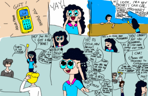 a girl receives a new toy phone which she uses to call imaginary friends