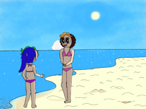 Two girls in bikini at the sea, one shows something (maybe a sea shell) to the second, bright day